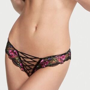 NWT Victoria’s Secret Crotchless VERY SEXY LaceUp embroidered Brazilian Panty L